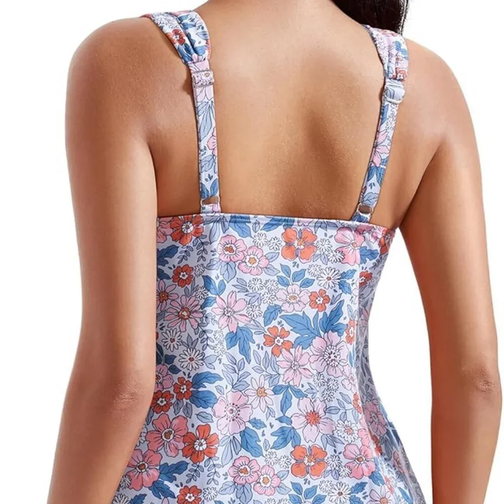 Women Tankini Bathing Suit Nylon Blend Ruffle High Waist Tummy Control Swimwear